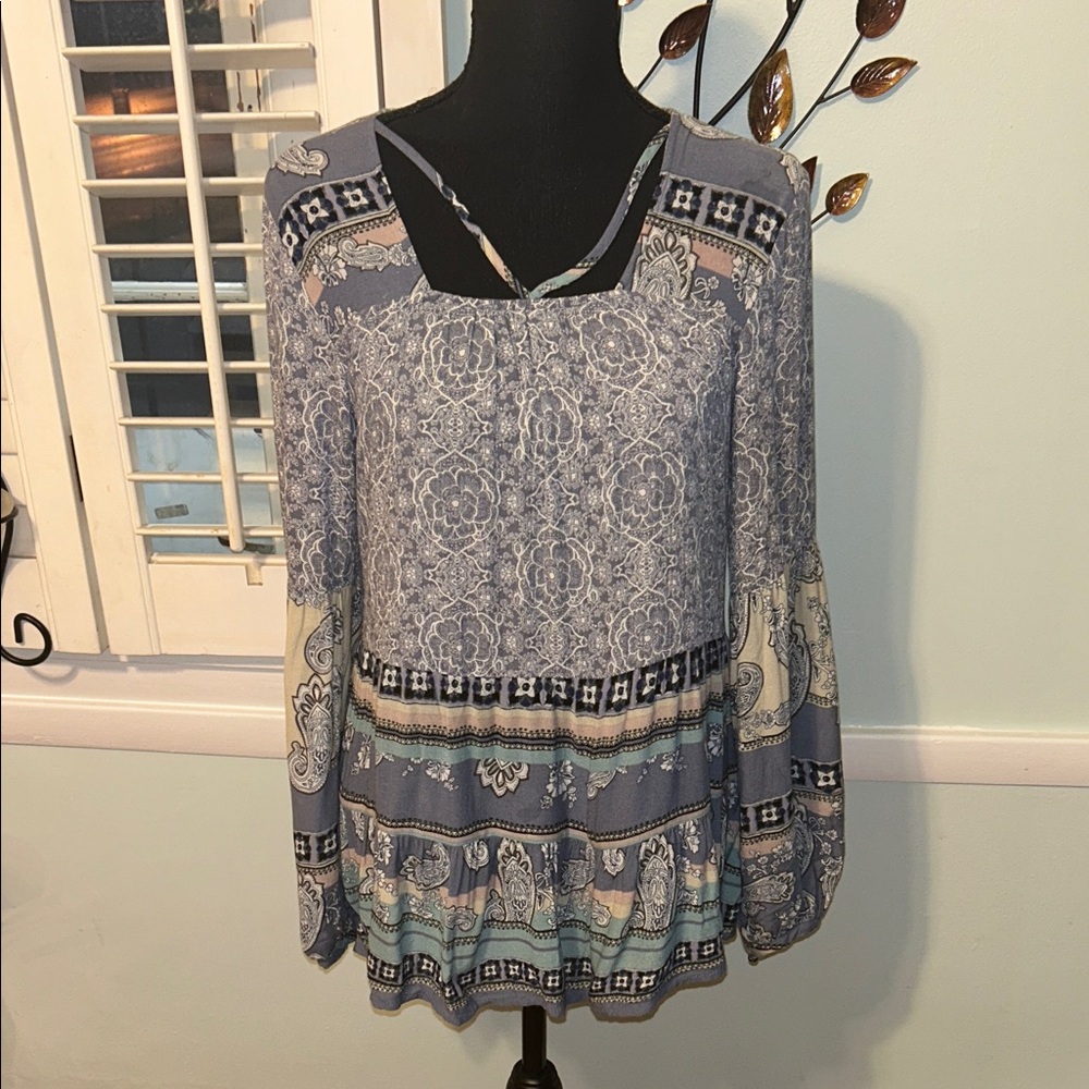 Knox Rose Blue and White Patterned Blouse